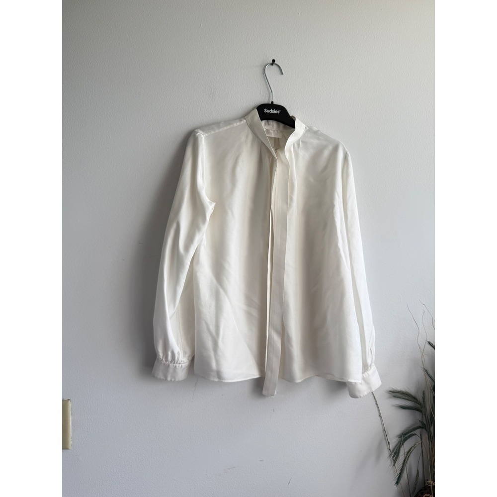 Givenchy Ivory 100% Silk Tie Neck Blouse 4G Logo Cuff Italy Size 38 BA600C15HT
